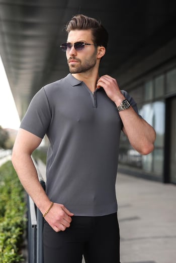 Antrasit Yarım Fermuarlı Polo Yaka Triko Erkek Tişört E7459