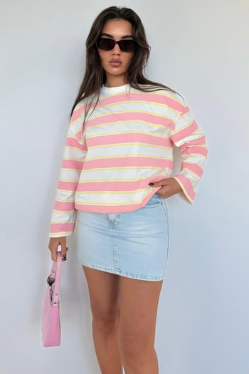 Pembe Bisiklet Yaka %100 Pamuklu Çizgili Uzun Kollu Tişört MG2362