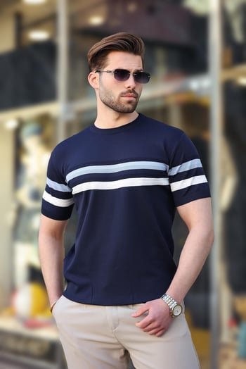 Madmext Lacivert Bisiklet Yaka Çizgili Erkek T-shirt E7412