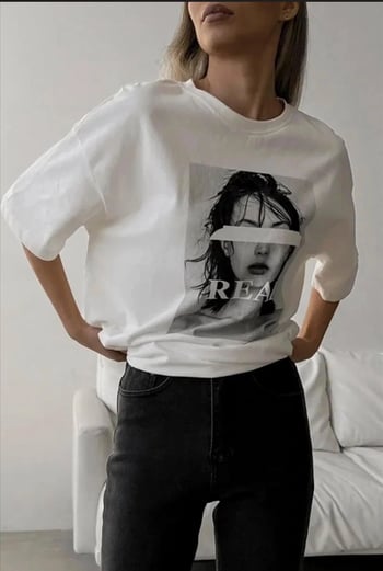 Beyaz Oversize Baskılı Kadın Tişört MG1764