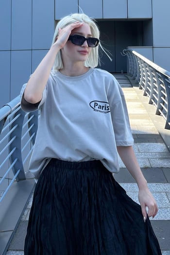 Boyalı Gri Oversize Sırt Baskılı Bisiklet Yaka Kısa Kollu Tişört MG2127
