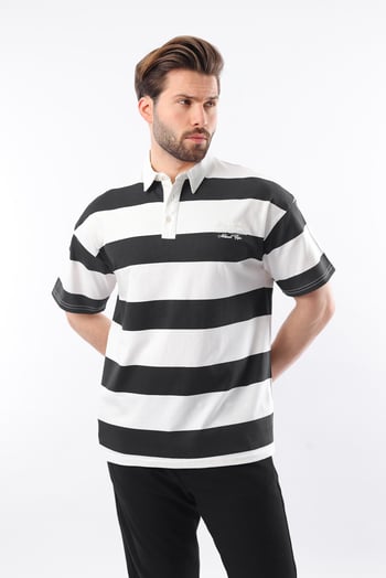 Siyah Oversize Renk Bloklu Polo Yaka Tişört E7120