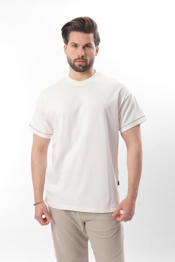 Ekru Bisiklet Yaka Çoban Dikişli Overfit Erkek T-shirt E7103