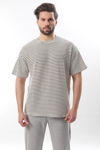Siyah Bisiklet Yaka Pamuklu Çizgili Erkek T-shirt E7121