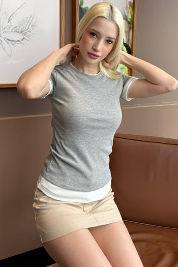 Gri Bisiklet Yaka Çift Renkli Basic Tişört MG2682