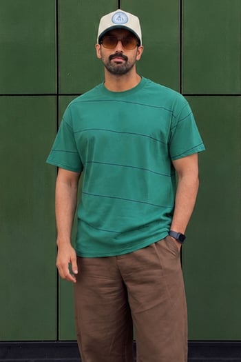 Koyu Yeşil Bisiklet Yaka Basic Çizgili Erkek T-shirt E7102