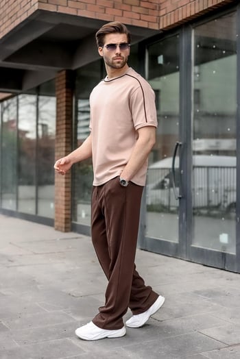 Camel Şerit Detaylı Modern Kesim Erkek Tişört E7182