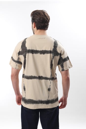 Bej Bisiklet Yaka Baskılı Basic Erkek T-shirt E7109
