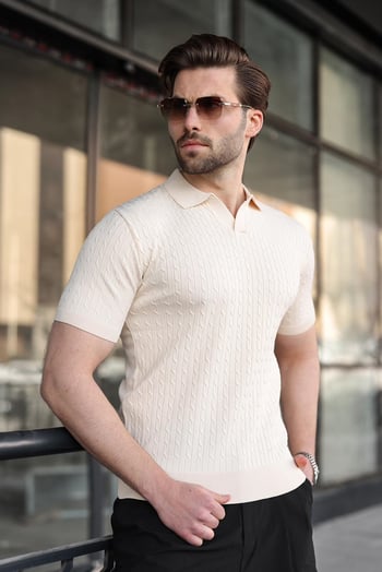 Taş Rengi Slim Fit Polo Yaka Triko Erkek Tişört E7472