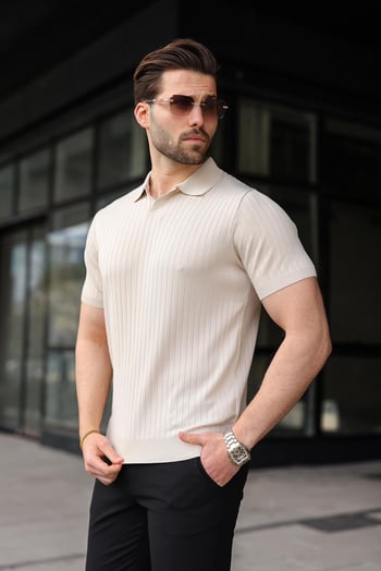 Taş Rengi Polo Yaka Triko Erkek Tişört E7461