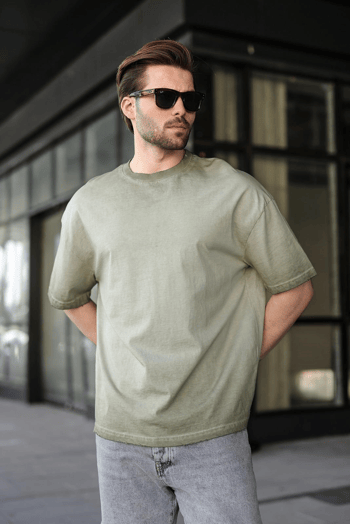 Haki %100 Pamuklu Bisiklet Yaka Oversize Erkek Tişört E7177