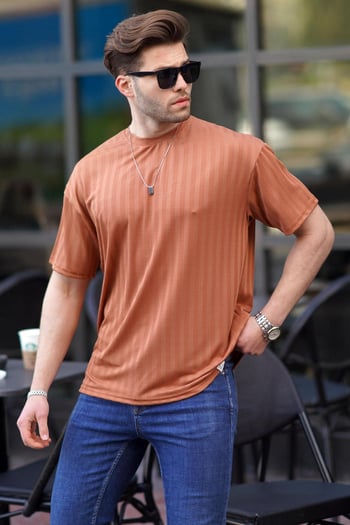 Kiremit Erkek Çizgili Oversize Tişört 6198