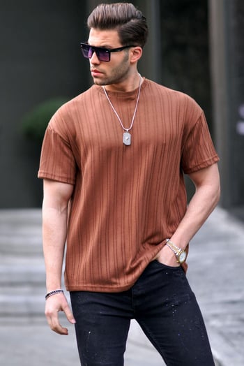 Kahverengi Oversize Bisiklet Yaka Erkek Tişört 6179