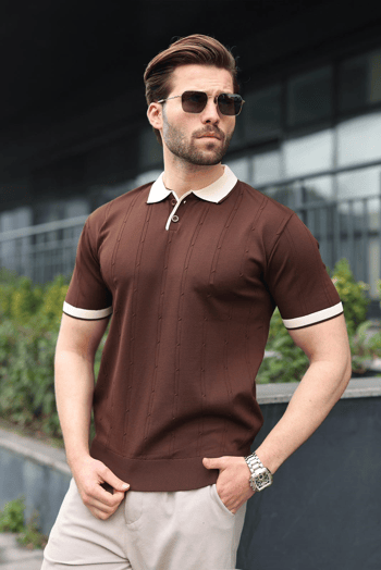 Kahverengi Polo Yaka Triko Erkek Tişört E7470