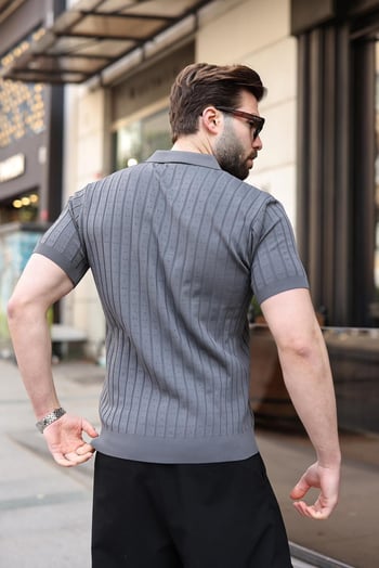 Antrasit Polo Yaka Slim Fit Triko Erkek Tişört E7465