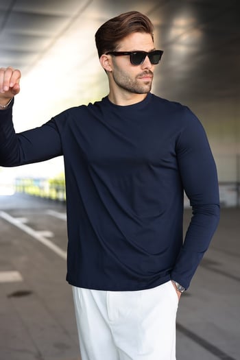 Lacivert %100 Pamuklu Slim Fit Erkek Tişört E7187