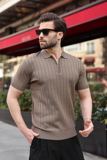 Açık Kahverengi Polo Yaka Slim Fit Triko Erkek Tişört E7465
