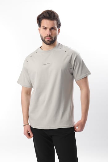 Boyalı Gri Baskılı Nakış Detaylı Erkek T-shirt E7108