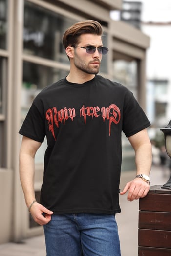Siyah Baskılı %100 Pamuk Erkek T-shirt E7141