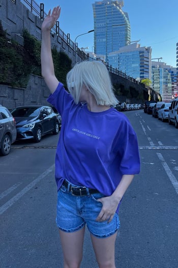Mor Oversize Sırt Ve Ön Baskılı Bisiklet Yaka Kısa Kollu Tişört MG2130