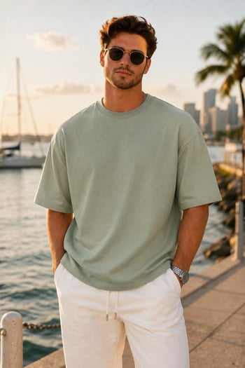 Erkek Çağla Yeşili Oversize Fit Basic Tişört 6066