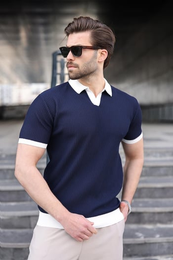Lacivert Polo Yaka Triko Erkek Tişört E7464