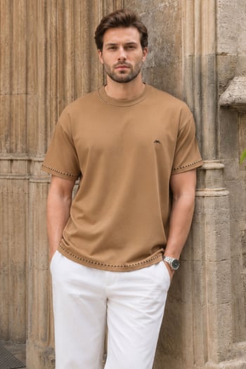 Kapuçino Nakış Detaylı Erkek T-shirt E7112