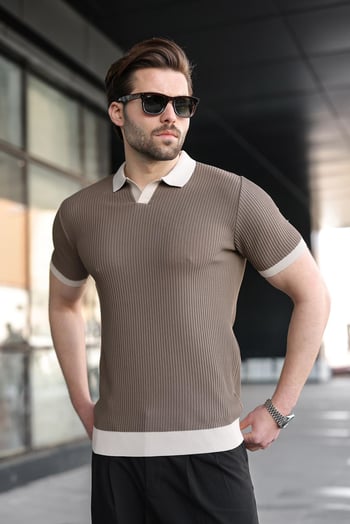 Açık Kahverengi Polo Yaka Triko Erkek Tişört E7464