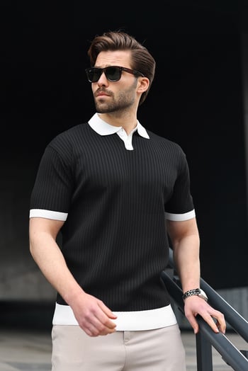 Siyah Polo Yaka Triko Erkek Tişört E7471