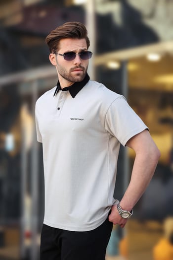 Madmext Boyalı Gri Düğmeli Polo Yaka Erkek T-shirt E7119