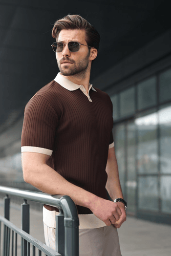 Kahverengi Polo Yaka Triko Erkek Tişört E7471