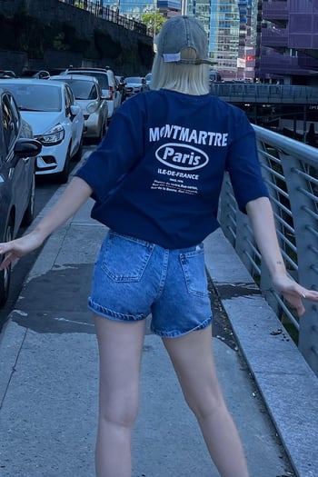 Lacivert Oversize Sırt Baskılı Bisiklet Yaka Kısa Kollu Tişört MG2127