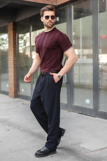 Mürdüm Bisiklet Yaka Regular Fit Triko Erkek Tişört E7487