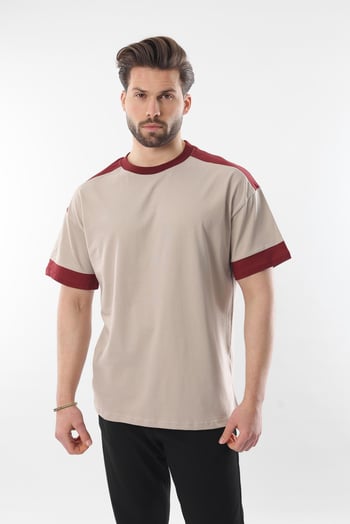 Bej Omzu Şerit Detaylı Erkek T-shirt E7125