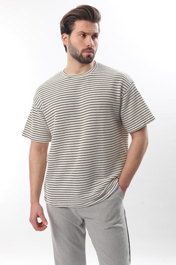 Siyah Bisiklet Yaka Pamuklu Çizgili Erkek T-shirt E7121