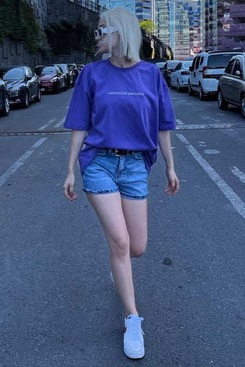 Mor Oversize Sırt Ve Ön Baskılı Bisiklet Yaka Kısa Kollu Tişört MG2130