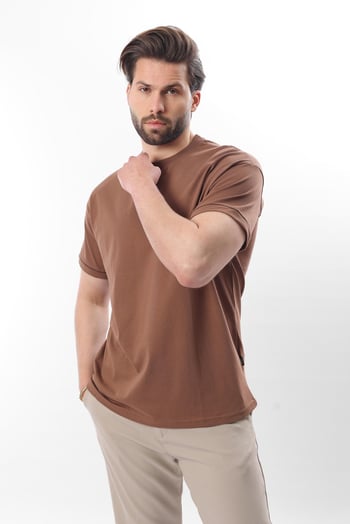 Kahverengi Bisiklet Yaka Çoban Dikişli Overfit Erkek T-shirt E7103
