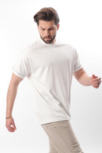 Ekru Bisiklet Yaka Çoban Dikişli Overfit Erkek T-shirt E7103