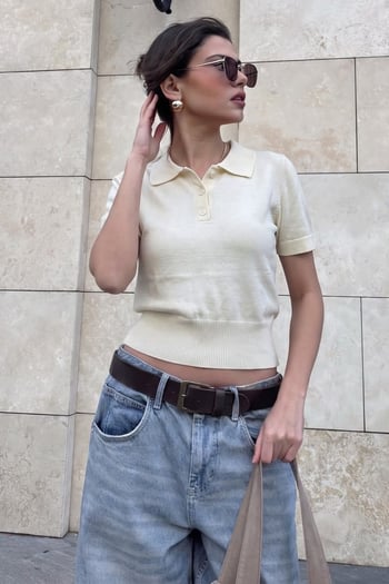 Ekru Slim Fit Polo Yaka Triko Tişört MG2805