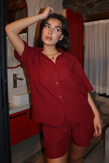 Bordo Basic Kadın Şort Gömlek Takım Mg2361