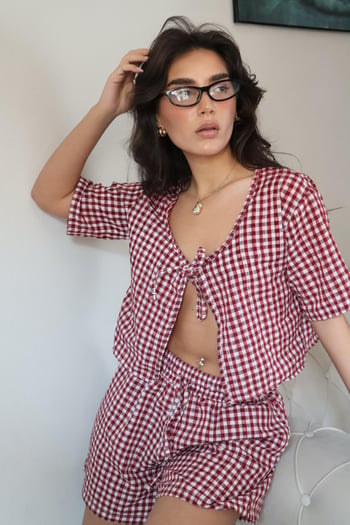 Bordo Pötikareli Şort Bluz Takım Mg2373