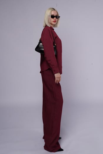 Bordo Uzun Kollu Çizgili Gömlek Pantolon İkili Takım MG2329