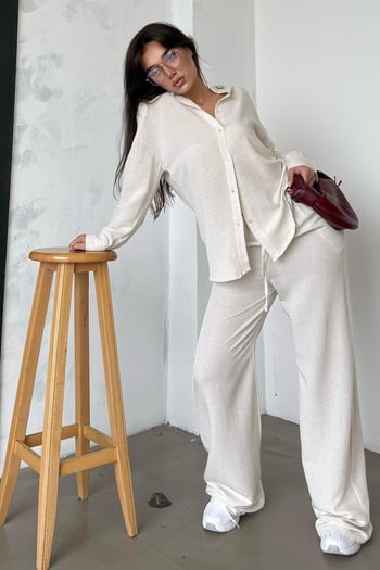 Karmelanj Keten Kadın Gömlek Pantolon İkili Takım Mg2356