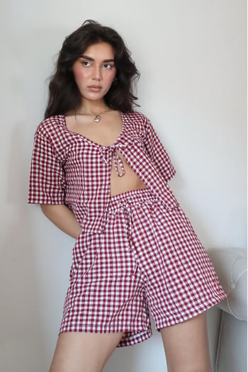 Bordo Pötikareli Şort Bluz Takım Mg2373
