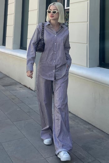 Bordo Uzun Kollu Çizgili Gömlek Pantolon İkili Takım MG2124
