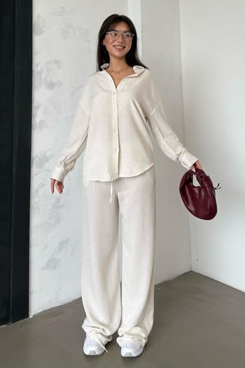 Karmelanj Keten Kadın Gömlek Pantolon İkili Takım Mg2356
