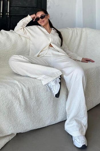 Ekru Uzun Kollu Çizgili Gömlek Pantolon İkili Takım MG2329