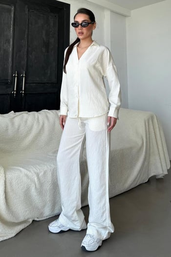 Ekru Uzun Kollu Çizgili Gömlek Pantolon İkili Takım MG2329
