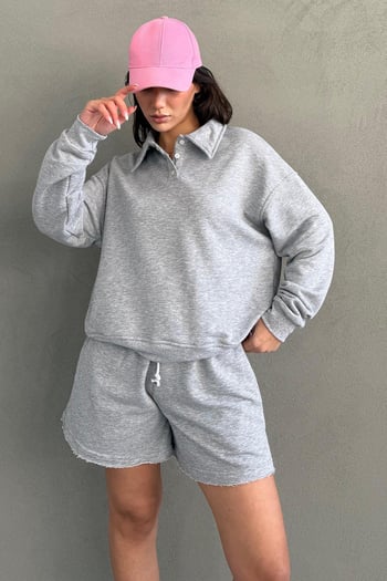 Gri Polo Yaka Kadın Şort Sweatshirt Takım Mg2375