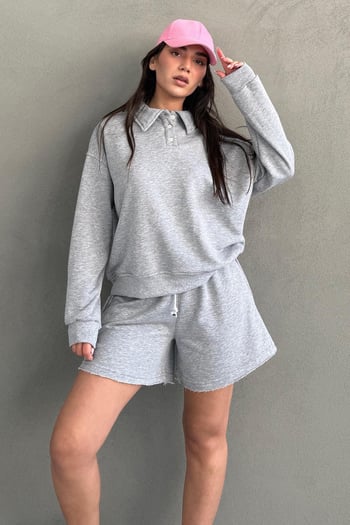 Gri Polo Yaka Kadın Şort Sweatshirt Takım Mg2375
